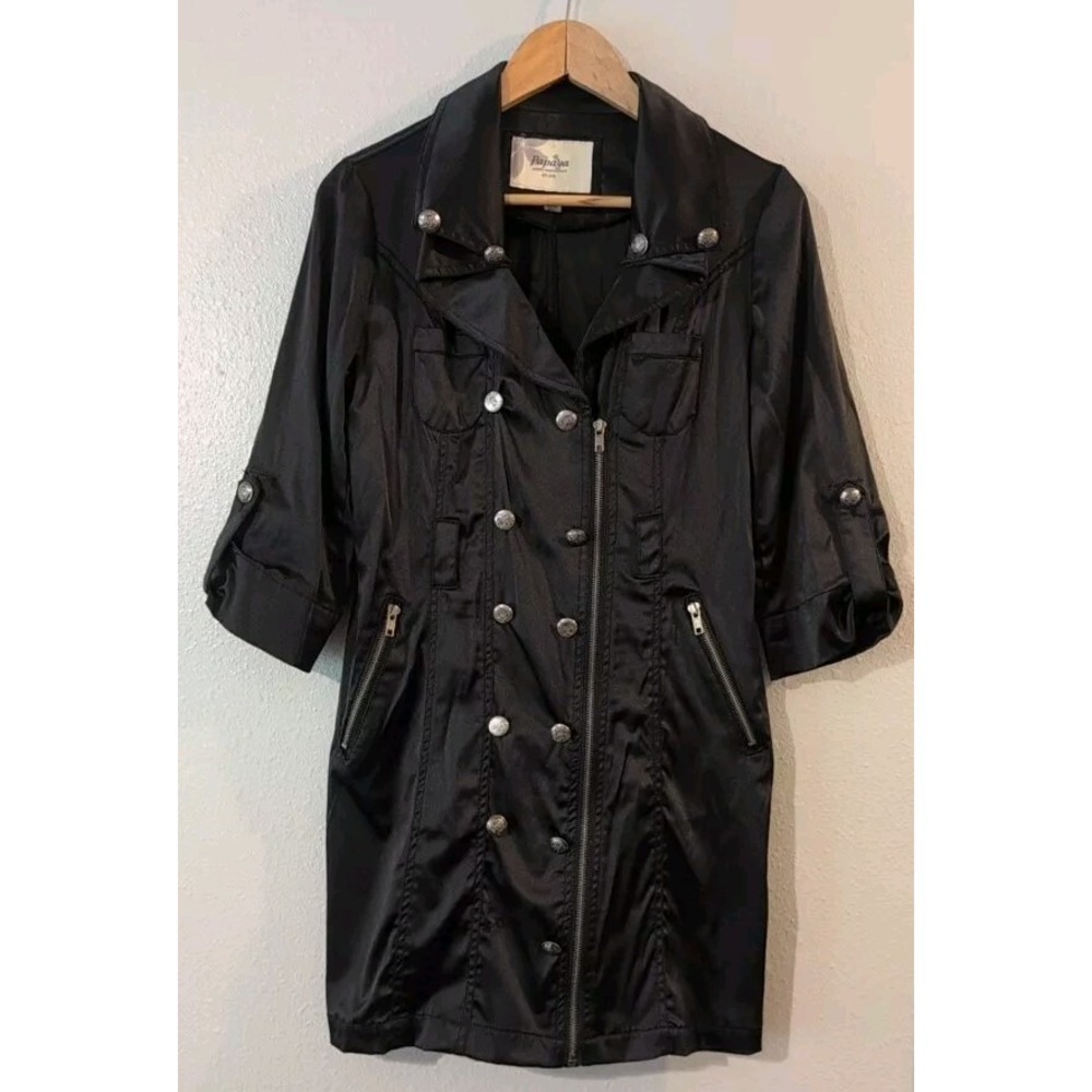 Ladies Papaya Size L Black Mid Length Trench Coat Button Down Halloween Costume